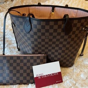 Louis Vuitton Damier Ebene and Rose Ballerine Neverfull MM Tote and Wristlet